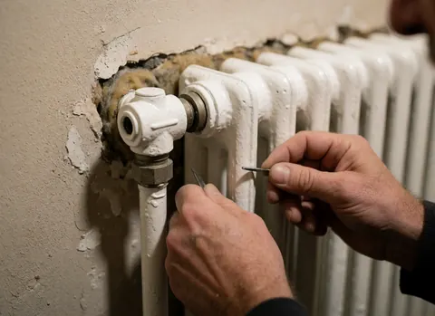 Gros plan de mains travaillant sur la connexion d'un radiateur blanc contre un mur en plâtre fissuré, avec outil et isolation visibles.