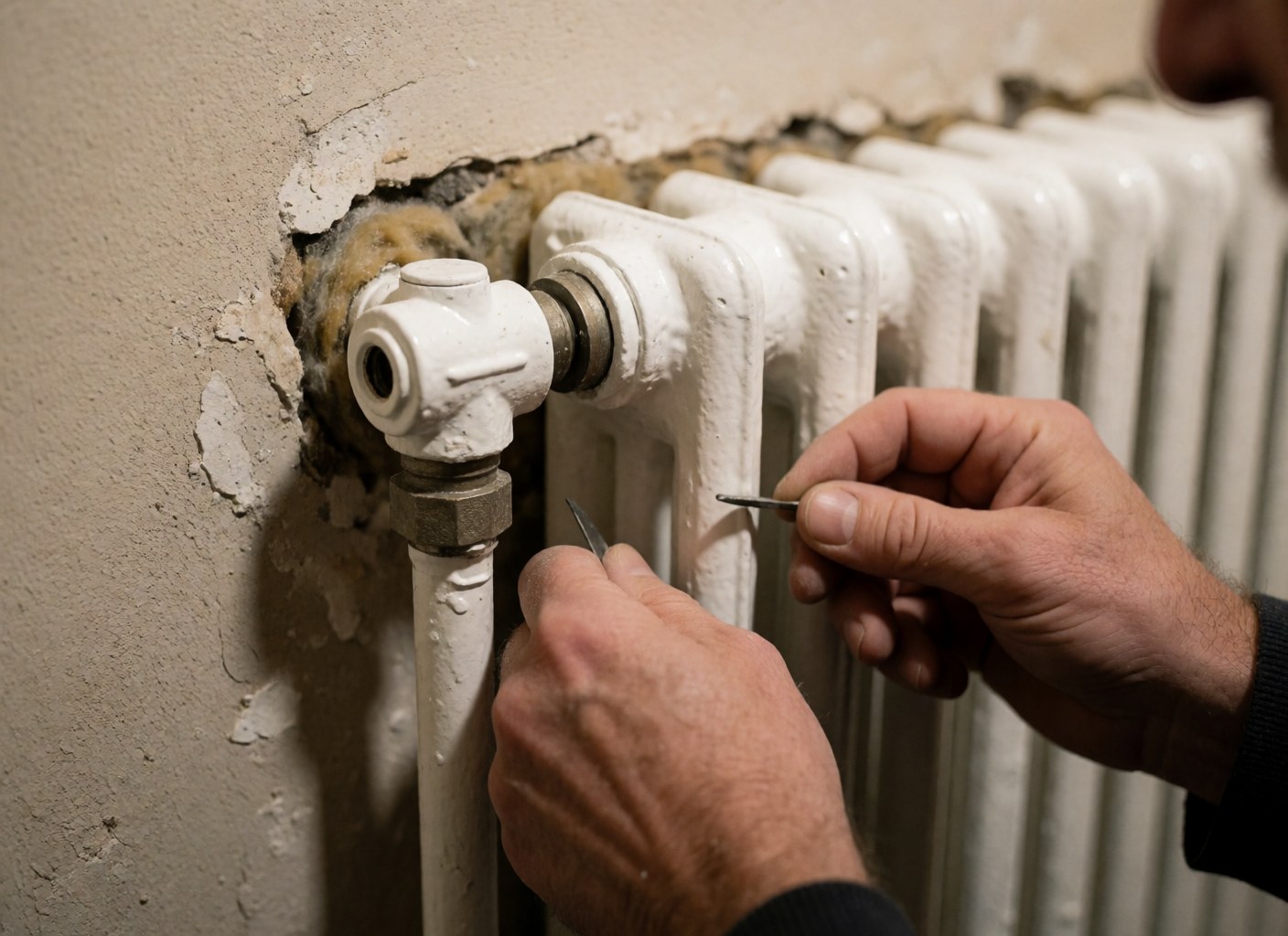 Gros plan de mains travaillant sur la connexion d'un radiateur blanc contre un mur en plâtre fissuré, avec outil et isolation visibles.