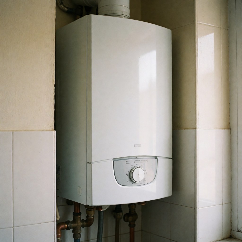 Chaudière à gaz compacte blanche installée dans un coin de cuisine avec des murs carrelés crème et des tuyaux en cuivre visibles sous une lumière naturelle.