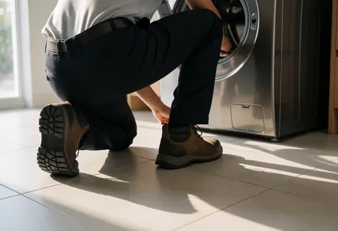 Vue arrière d'un technicien professionnel ajustant les pieds arrière d'une machine à laver à chargement frontal dans une maison.