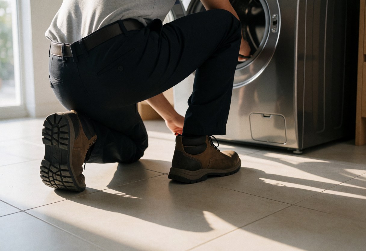 Vue arrière d'un technicien professionnel ajustant les pieds arrière d'une machine à laver à chargement frontal dans une maison.