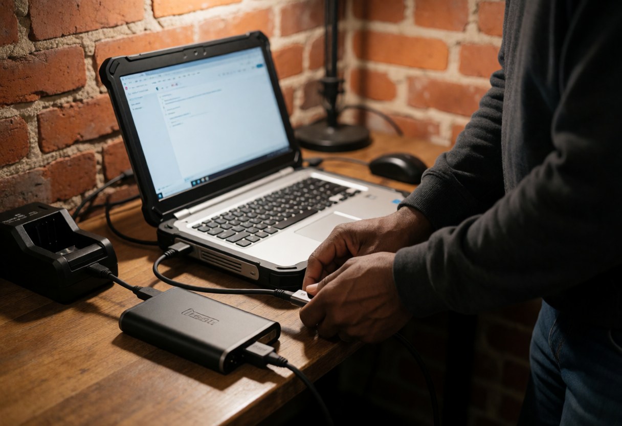 Un vidéaste professionnel connecte un disque dur externe à un ordinateur portable posé sur une table en bois, devant un mur de briques avec un éclairage chaleureux.
