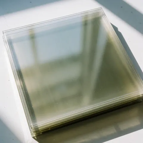 Panneaux en polycarbonate translucide empilés sur une surface blanche, éclairés par la lumière naturelle projetant des ombres douces, idéal pour un catalogue de produits de réparation de toitures.