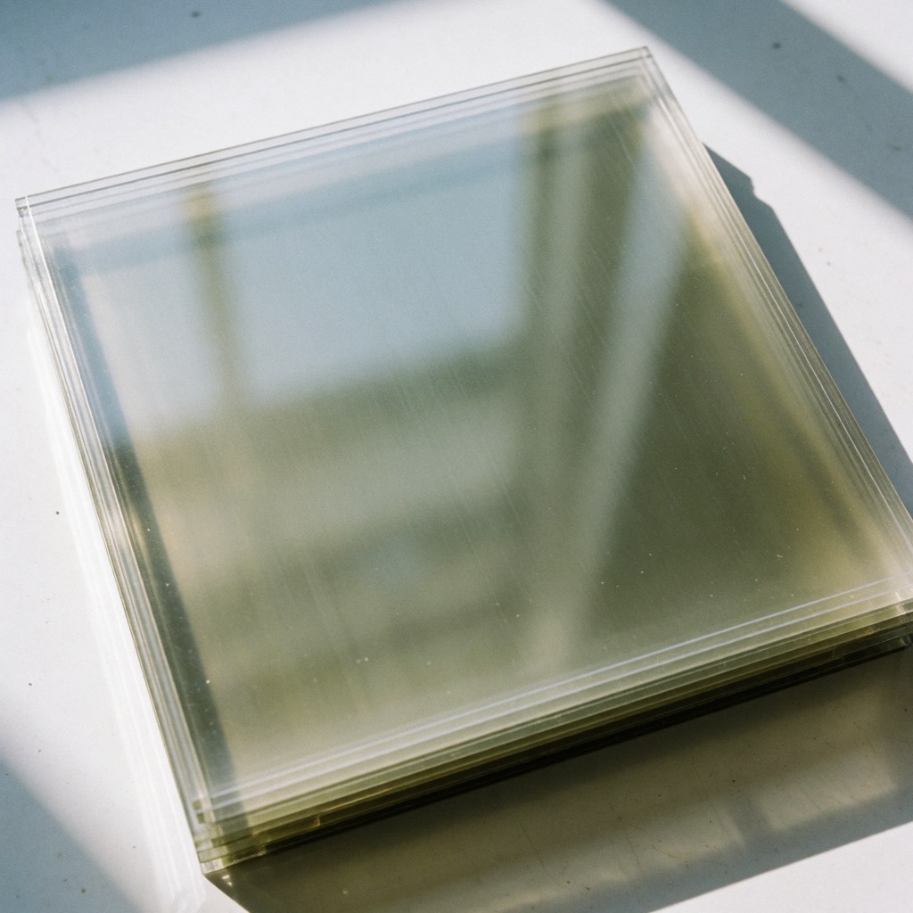Panneaux en polycarbonate translucide empilés sur une surface blanche, éclairés par la lumière naturelle projetant des ombres douces, idéal pour un catalogue de produits de réparation de toitures.