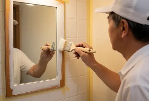 Un peintre applique de la peinture blanche sur le cadre d'un miroir de salle de bain avec une brosse, des carreaux protégés par du ruban adhésif visibles en arrière-plan.