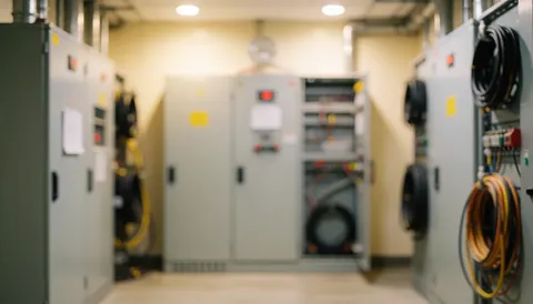 Arrière-plan flou de salle des machines d'ascenseur montrant des armoires électriques grises, des câbles enroulés et une lumière chaude, idéal pour superposer du texte sur les services de réparation.