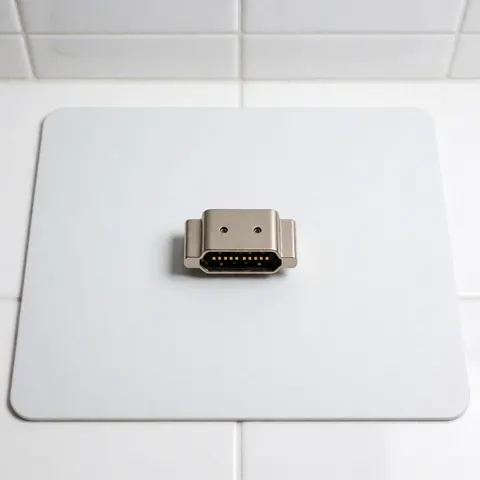 Connecteur HDMI de haute qualité avec contacts dorés posé sur un tapis antistatique blanc, idéal pour la réparation d'équipements électroniques.