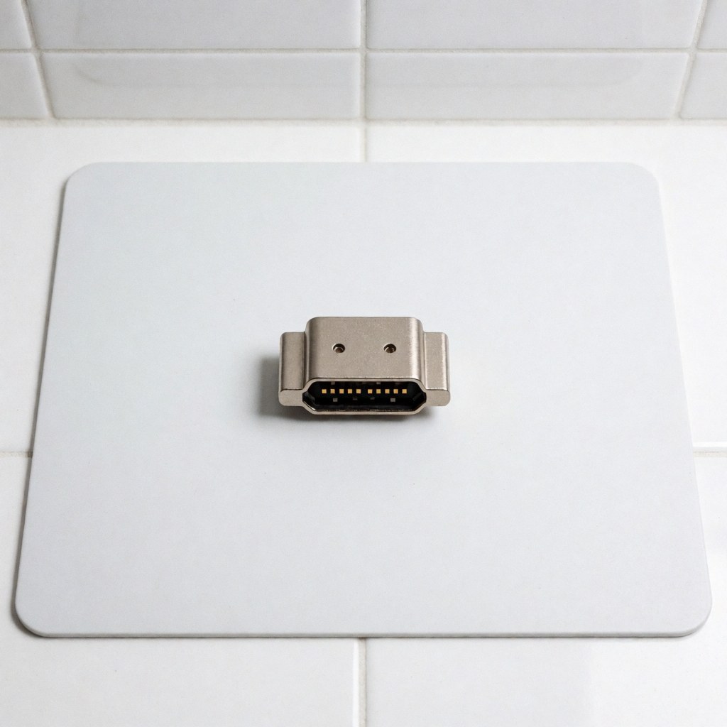 Connecteur HDMI de haute qualité avec contacts dorés posé sur un tapis antistatique blanc, idéal pour la réparation d'équipements électroniques.