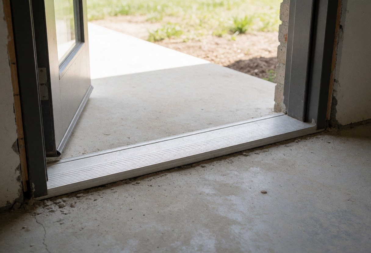 Un seuil métallique neuf posé sur une porte d'entrée avec un sol en béton et de la lumière naturelle, idéal pour illustrer des services d'installation.