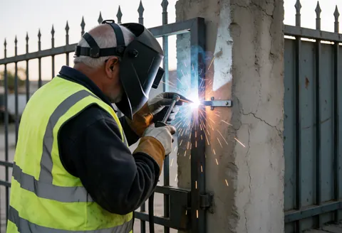 Un soudeur portant un casque et un gilet jaune effectue une soudure sur une grille fixée à une colonne en béton, avec des étincelles visibles.