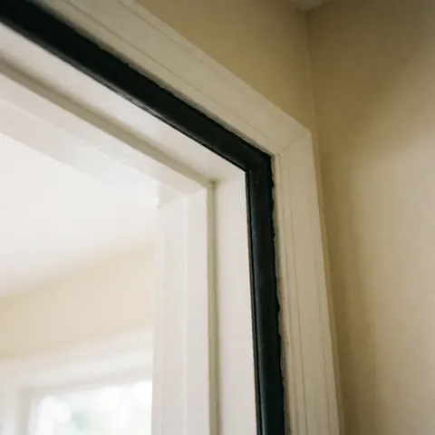 Gros plan sur un joint d'étanchéité noir appliqué sur le cadre d'une porte blanche, avec des murs beige en arrière-plan et un éclairage doux mettant en valeur les détails de l'installation.