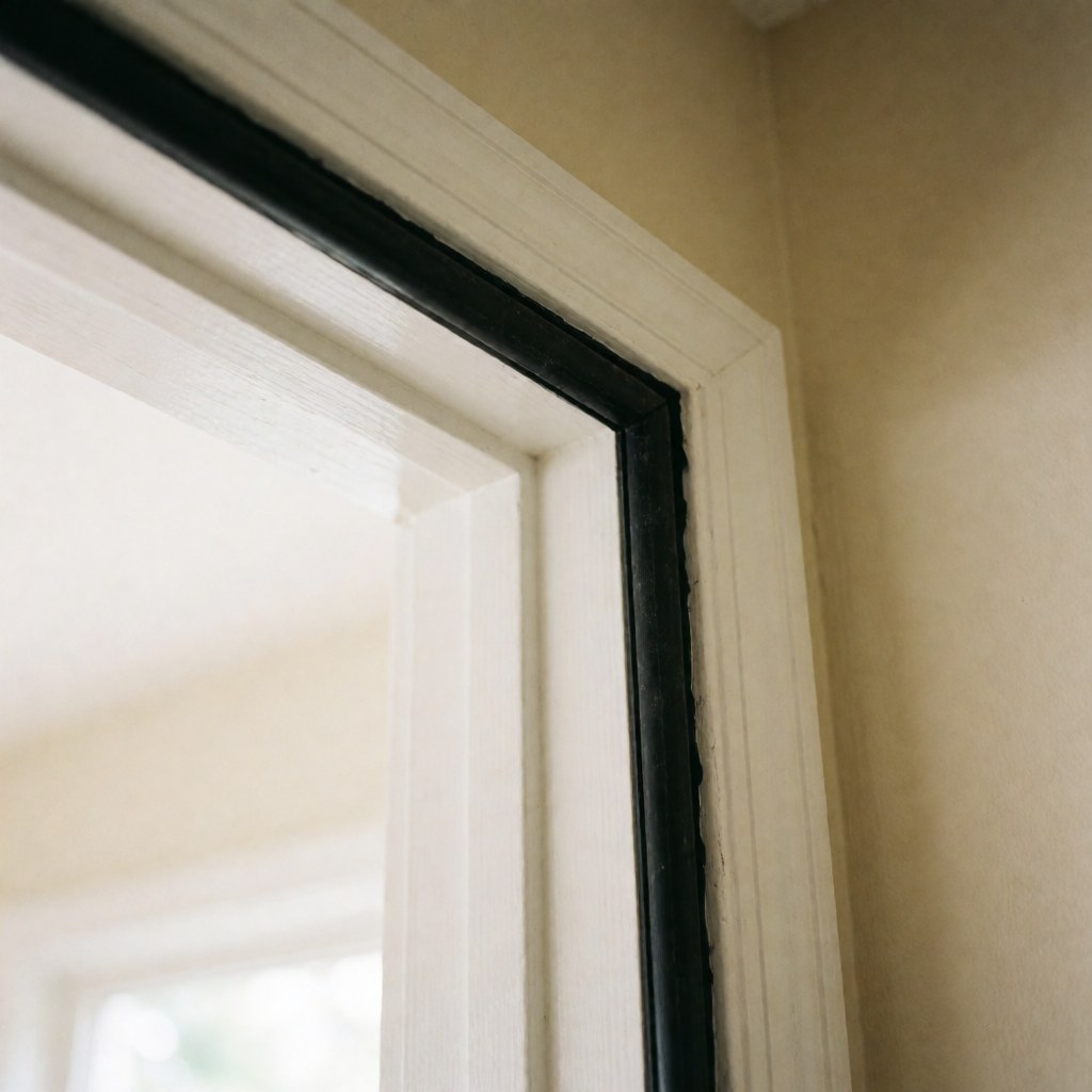 Gros plan sur un joint d'étanchéité noir appliqué sur le cadre d'une porte blanche, avec des murs beige en arrière-plan et un éclairage doux mettant en valeur les détails de l'installation.