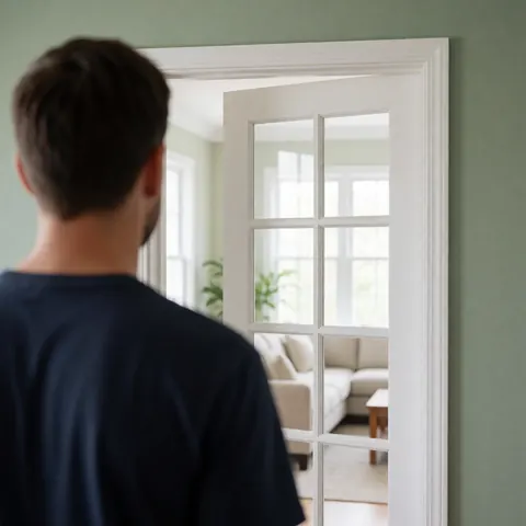 Porte-fenêtre blanche fraîchement installée avec son cadre, offrant une vue sur un salon moderne avec canapé et murs verts.