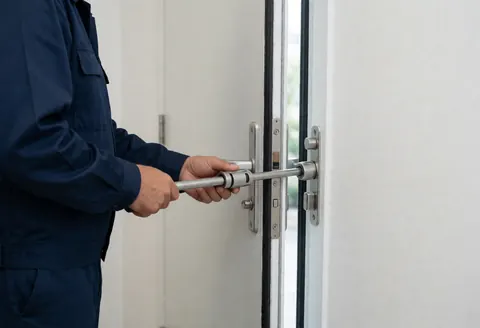 Un technicien en uniforme bleu ajuste une serrure sur une porte métallique avec des charnières et des joints intumescents visibles dans un intérieur éclairé par une lumière fluorescente.