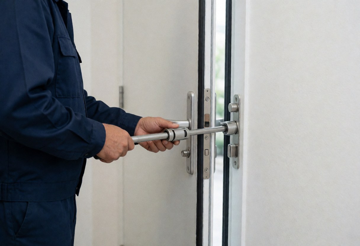 Un technicien en uniforme bleu ajuste une serrure sur une porte métallique avec des charnières et des joints intumescents visibles dans un intérieur éclairé par une lumière fluorescente.