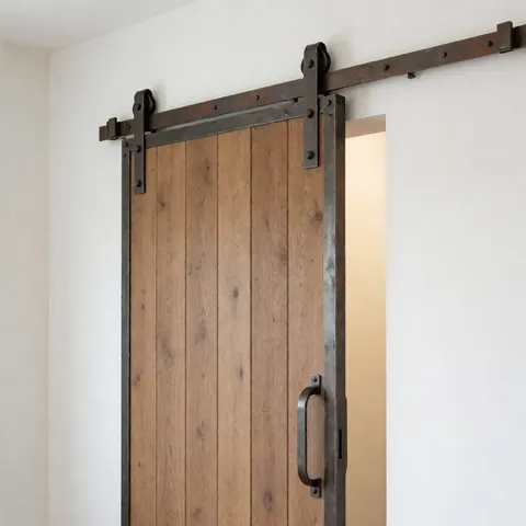 Porte de grange en bois avec cadre et rails métalliques légèrement ouverte révélant une pièce intérieure aux murs blancs et à la lumière chaude.