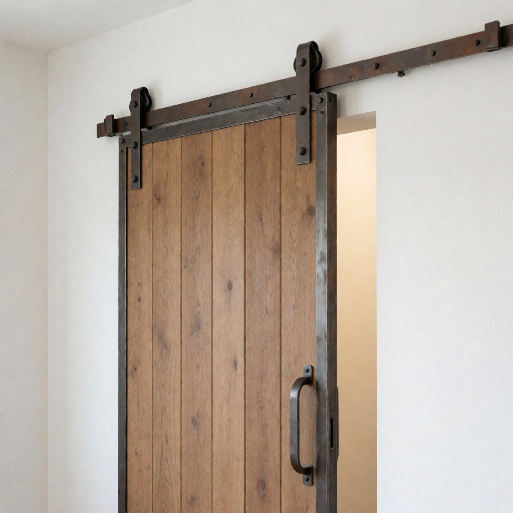 Porte de grange en bois avec cadre et rails métalliques légèrement ouverte révélant une pièce intérieure aux murs blancs et à la lumière chaude.