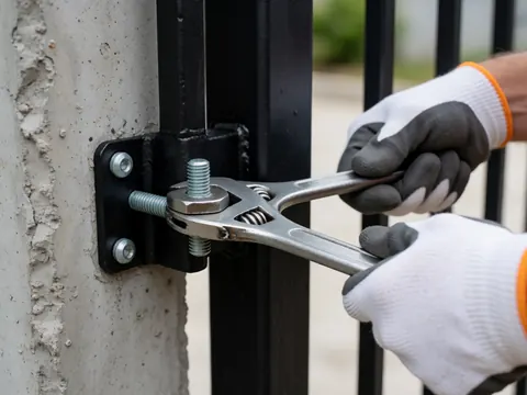 Gros plan d'une main portant un gant qui serre un écrou avec une clé sur une surface en béton, dans le cadre de l'installation d'une porte métallique noire.