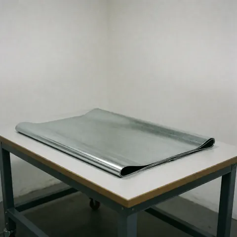 Plaque d'acier galvanisé brillant pliée sur une table de travail industrielle avec un fond gris neutre, idéale pour les projets métalliques.