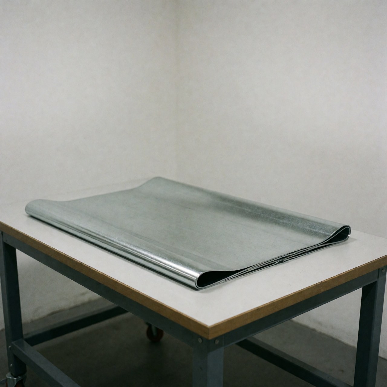 Plaque d'acier galvanisé brillant pliée sur une table de travail industrielle avec un fond gris neutre, idéale pour les projets métalliques.