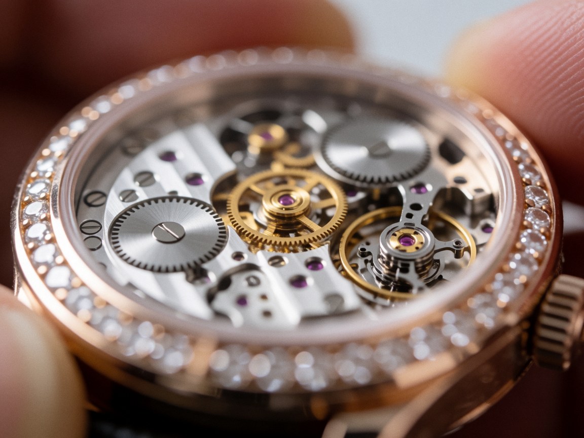 Gros plan d'un mécanisme de montre de luxe visible, détails métalliques brillants et bezel orné de diamants, mettant en valeur la précision mécanique.
