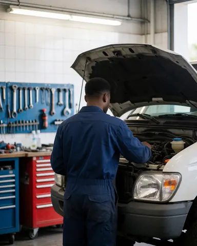 Mécanicien en uniforme bleu examinant le moteur d'un véhicule blanc dans un atelier équipé d'outils suspendus et éclairé par la lumière naturelle.