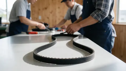 Trois mécaniciens manipulant une courroie crantée sur une table de travail, entourés d'outils avec un fond en bois.