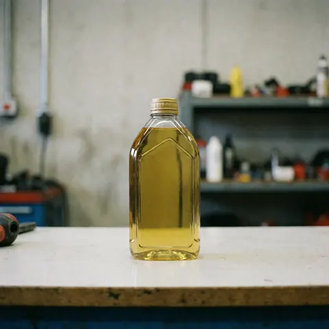Bouteille d'huile transparente avec couvercle doré posée sur un établi, fond flou montrant des étagères d'atelier et des murs en béton.