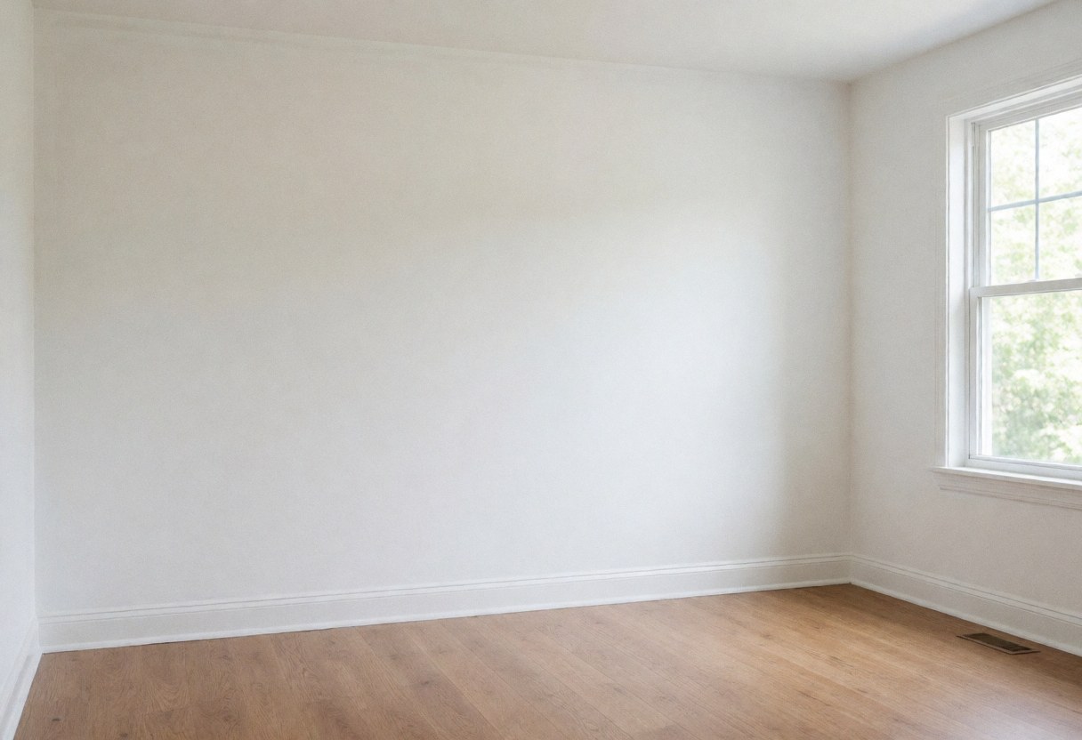 Salle de maison avec murs blancs fraîchement peints, sol en bois clair et lumière naturelle entrant par la fenêtre, idéal pour illustrer des services de peinture intérieure.