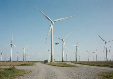 Un drone survole une grande turbine éolienne dans un champ d'énergie renouvelable sous un ciel bleu clair, idéal pour la photographie aérienne industrielle.