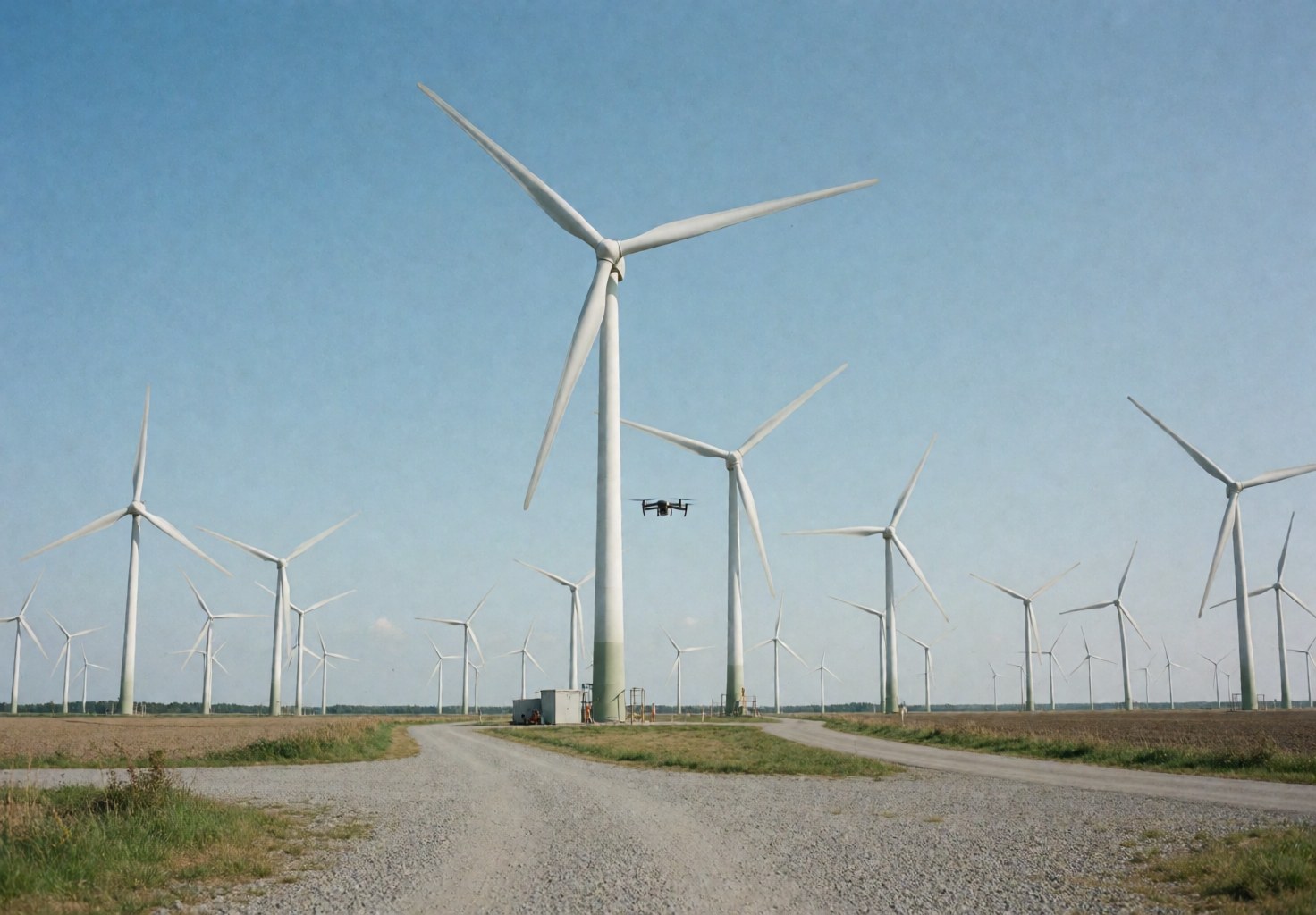 Un drone survole une grande turbine éolienne dans un champ d'énergie renouvelable sous un ciel bleu clair, idéal pour la photographie aérienne industrielle.