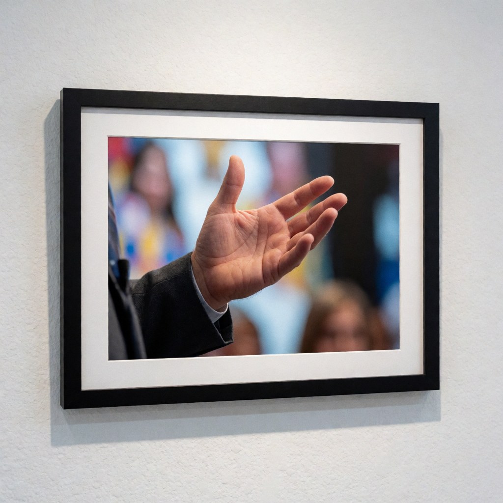 Photographie d'une main effectuant un geste artistique, présentée dans un cadre noir sur un mur blanc texturé avec un arrière-plan flou de personnes.