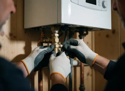 Des mains gantées serrent un raccord en cuivre sur une chaudière blanche, dans un environnement en bois avec lumière naturelle. Idéal pour les services de chauffage.