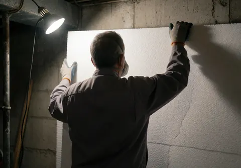 Un technicien portant des gants et un masque pose une grande plaque d'isolation blanche sur un mur de béton dans un entrepôt éclairé par une lampe de chantier.