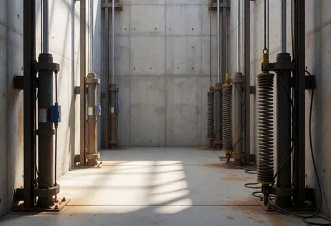 Intérieur d'une cabine d'ascenseur montrant des ressorts de sécurité et des cylindres hydrauliques, murs en béton et sol taché de rouille sous éclairage naturel.