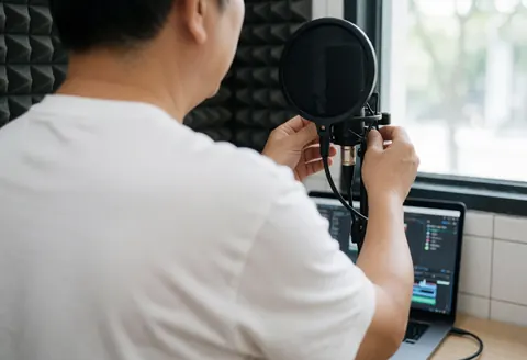 Vue arrière d'une personne réglant un microphone équipé d'un filtre anti-pop, positionné devant un écran d'ordinateur affichant un logiciel de montage. Le fond comprend des panneaux acoustiques et une fenêtre laissant