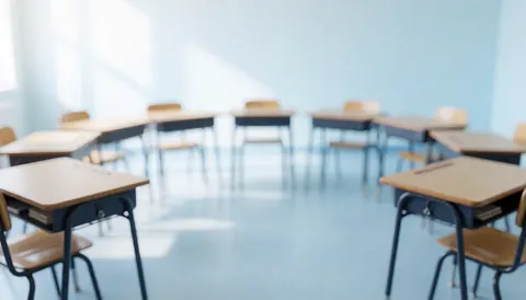 Salle de classe avec tables et chaises disposées en cercle sur fond flou, éclairage naturel, idéal pour textes sur programmes éducatifs.
