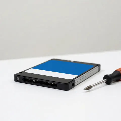 Un disque dur solide de deux pouces cinq avec étiquette bleue et blanche, accompagné d'un tournevis sur fond blanc pour réparations informatiques.