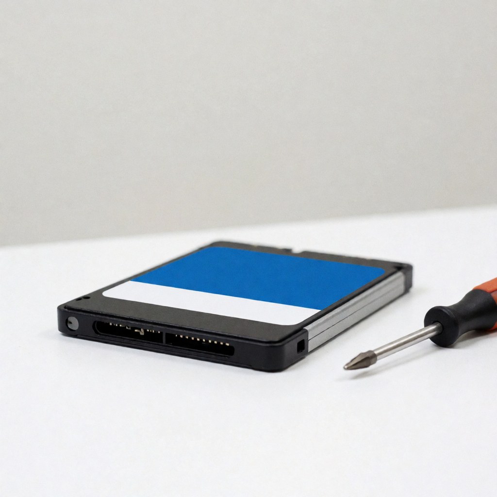 Un disque dur solide de deux pouces cinq avec étiquette bleue et blanche, accompagné d'un tournevis sur fond blanc pour réparations informatiques.