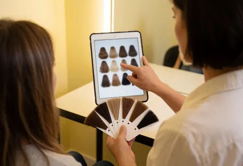 Un coiffeur professionnel montre des tons de cheveux sur une tablette à un client lors d'une consultation en salon.