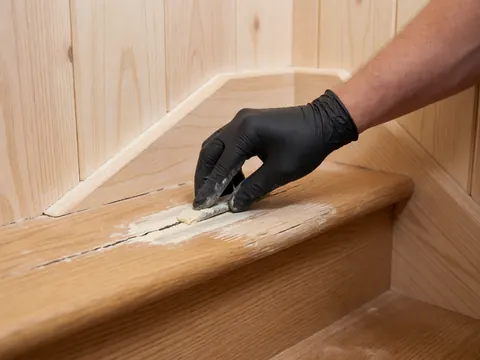 Une main portant un gant noir applique du mastic blanc dans une fissure d'une échelle en bois clair, avec des murs en panneaux de bois naturel en arrière-plan.
