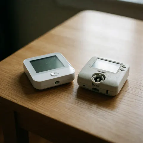 Deux thermostats, l'un blanc moderne et l'autre beige ancien et sale, posés sur une table en bois clair éclairée par la lumière naturelle.