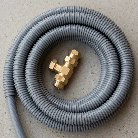 Tuyau d'eau flexible gris ondulé et accessoire en bronze posés sur une surface en béton pour systèmes d'eau de camping-car et maintenance.
