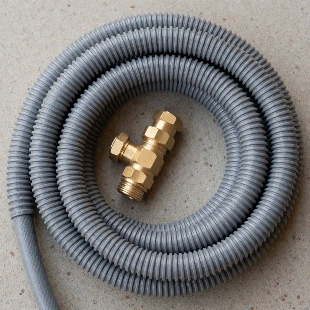 Tuyau d'eau flexible gris ondulé et accessoire en bronze posés sur une surface en béton pour systèmes d'eau de camping-car et maintenance.
