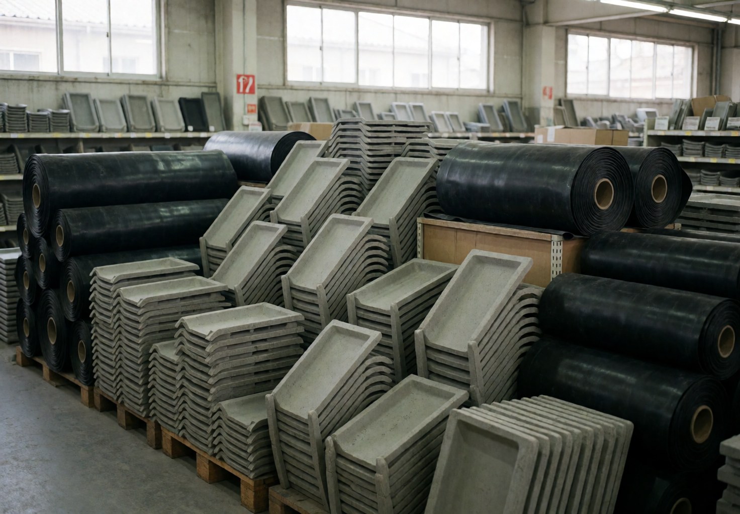 Entrepôt contenant des matériaux pour la réparation de toitures avec des tuiles en béton et des rouleaux de membrane noire, éclairé par une lumière naturelle et artificielle, organisé et professionnel.