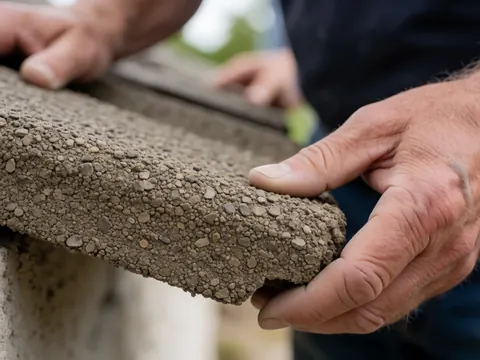 Mains ajustant une tuile en béton avec texture rugueuse et détails visibles, sur un chantier en plein air sous lumière naturelle.
