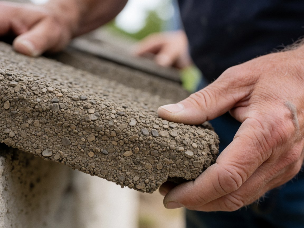 Mains ajustant une tuile en béton avec texture rugueuse et détails visibles, sur un chantier en plein air sous lumière naturelle.