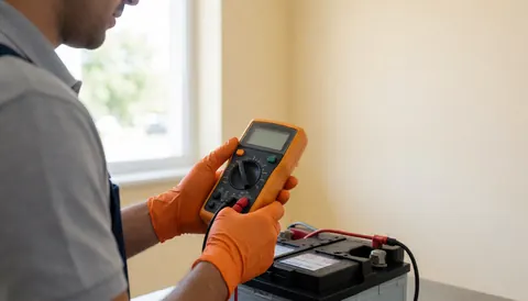 Technicien portant des gants orange utilisant un multimètre pour vérifier la tension de la batterie dans un atelier lumineux.