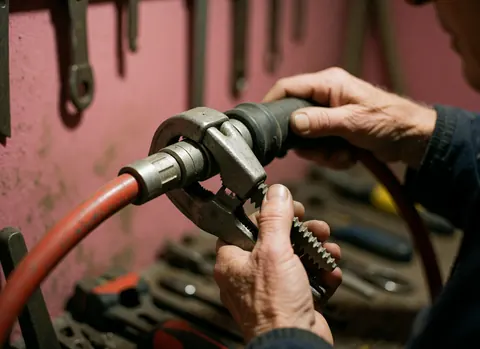 Gros plan de mains adultes utilisant une pince sur un fil électrique isolé rouge dans un atelier avec des outils en arrière-plan.