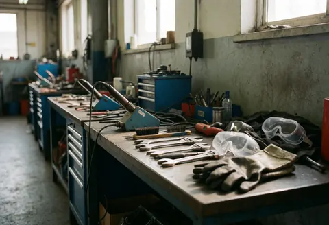 Atelier de réparation de batteries avec des outils, des gants et des lunettes de sécurité sur une table de travail métallique, éclairé par la lumière naturelle des fenêtres hautes.